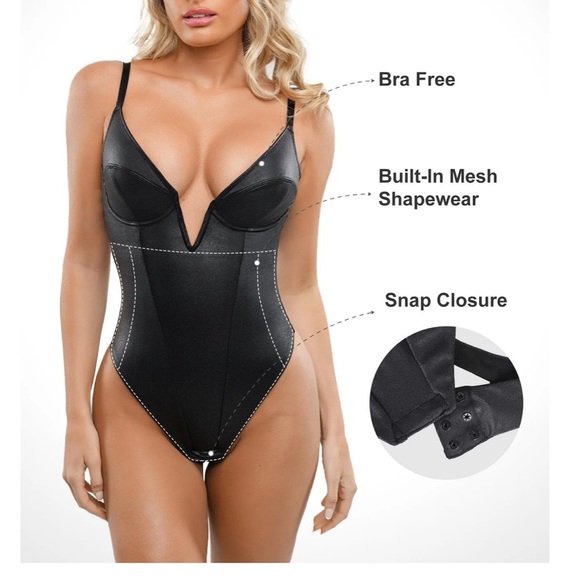Popilush Shapewear Bodysuit Deep V-Neck Leather Thong - Picture 2 of 4